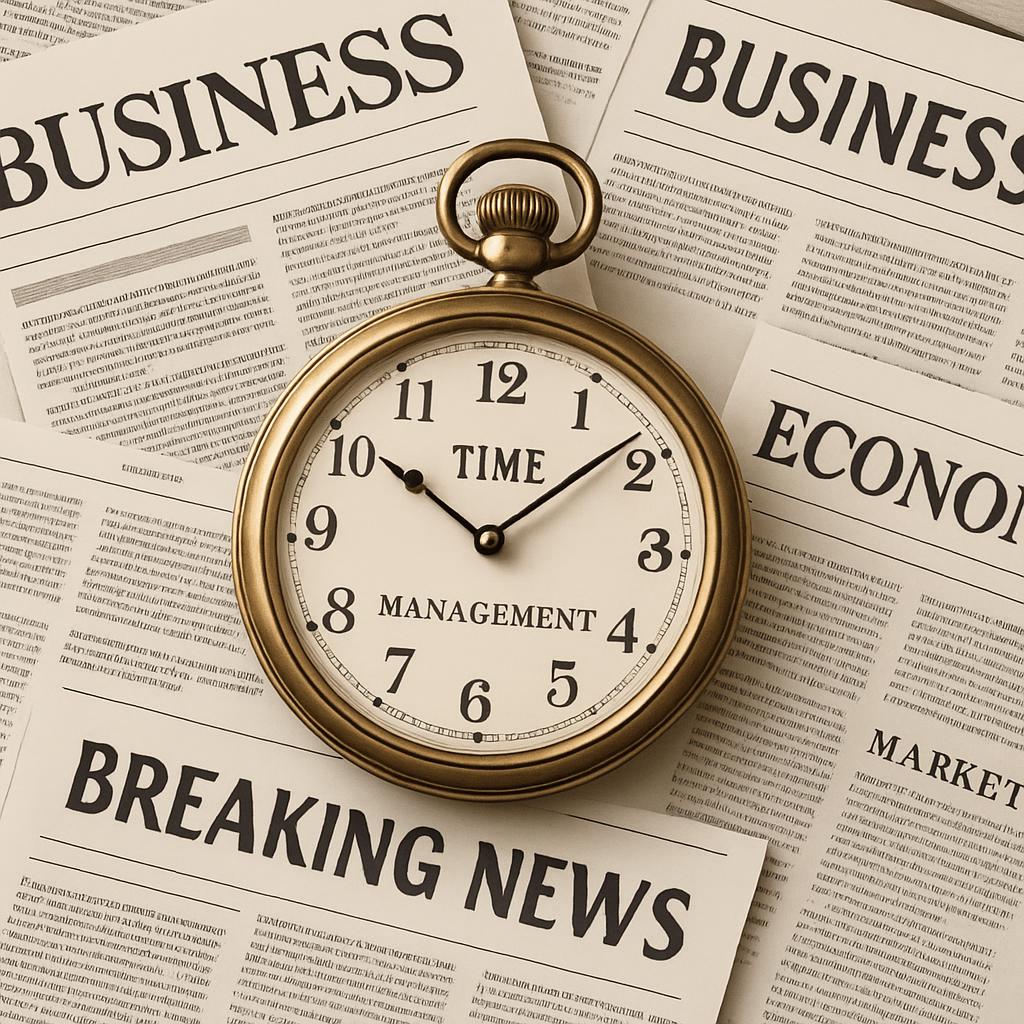 A vintage-style pocket watch rests on top of a newspaper featuring prominent headlines about business, time management, an...