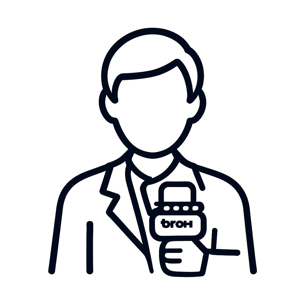 An icon of a man holding a watch with the letters B, R, and H on the display. The word pro/admin has been attached to the ...