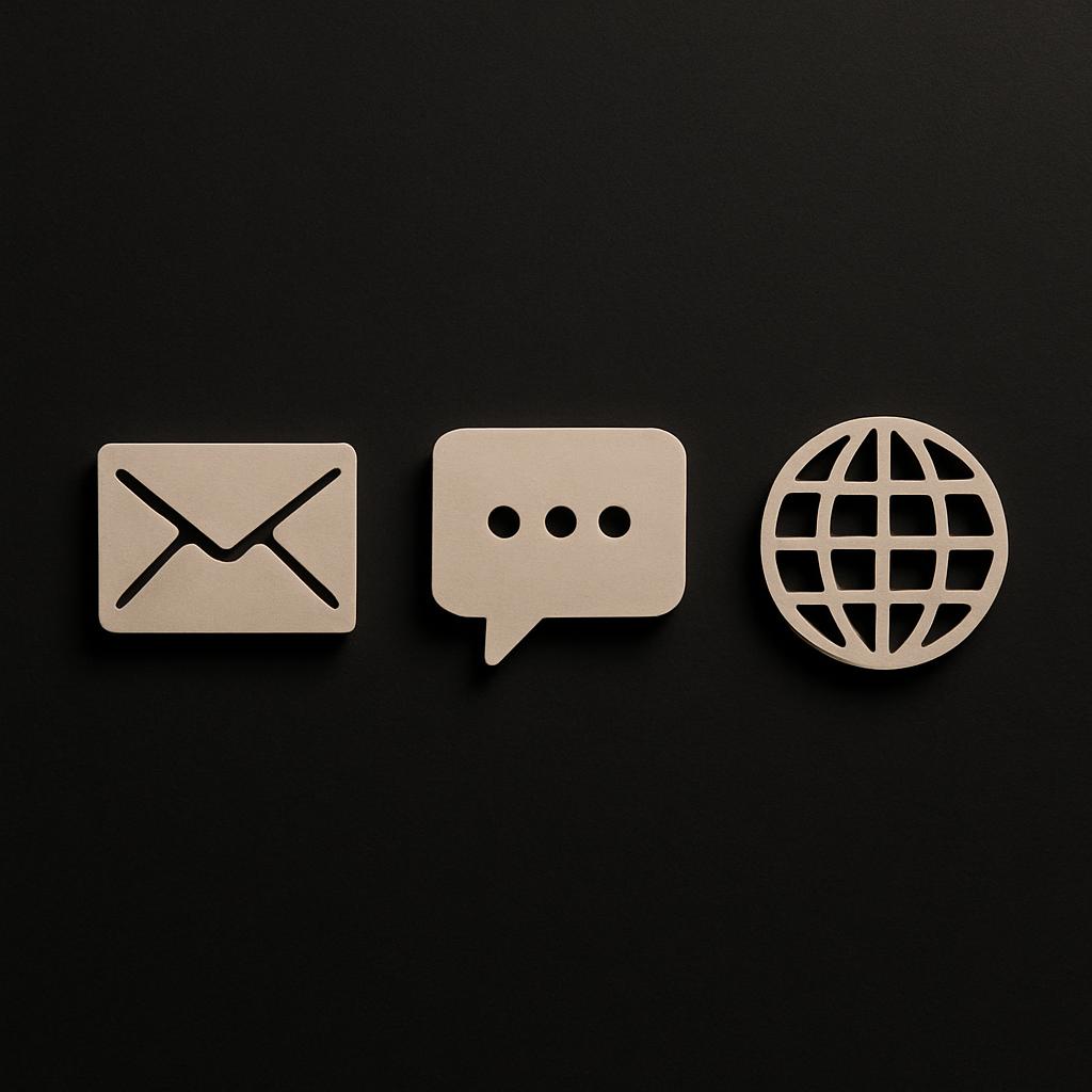 A set of three icons displaying the email, speech bubble and globe symbols are shown on a black background.